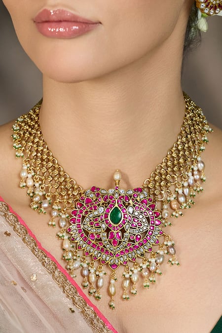 Shop Joules By Radhika Multi Color Stones, Pearls Majestic Heartfall Cascading Necklace Set at Aza Fashions Shop_Joules By Radhika_Multi Color Stones, Pearls Majestic Heartfall Cascading Necklace Set_at_Aza_Fashions