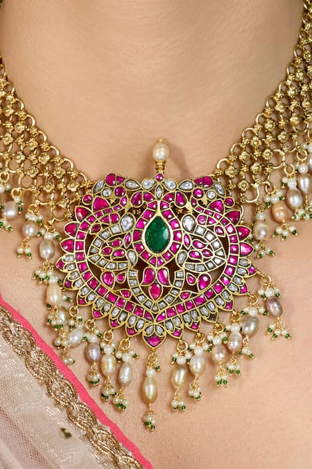 Joules By Radhika Multi Color Stones, Pearls Majestic Heartfall Cascading Necklace Set Online at Aza Fashions Joules By Radhika_Multi Color Stones, Pearls Majestic Heartfall Cascading Necklace Set_Online_at_Aza_Fashions