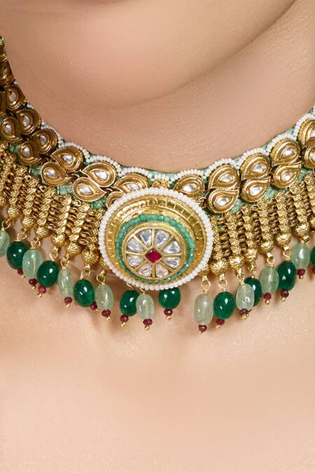 Joules By Radhika_Multi Color Stones, Pearls Grace Aura Antique Embellished Choker Set _Online_at_Aza_Fashions