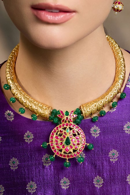 Shop_Joules By Radhika_Gold Plated Stones, Beads Auric Grace Royal Hasli Necklace Set _at_Aza_Fashions