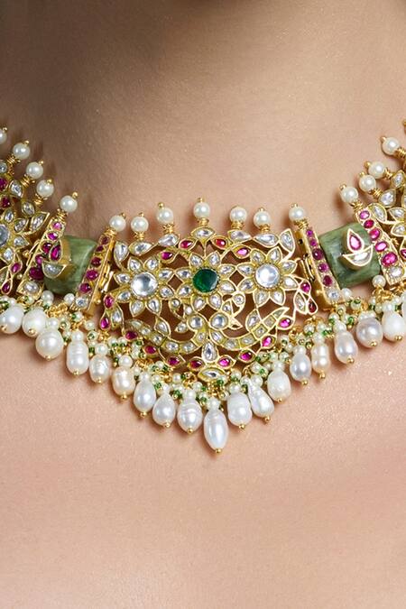 Joules By Radhika_Multi Color Pearls, Stones, Crystals Verdant Elegance Embellished Necklace Set _Online_at_Aza_Fashions