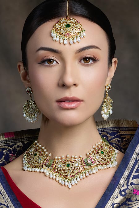 Joules By Radhika Multi Color Pearls, Stones, Crystals Verdant Elegance Embellished Necklace Set 