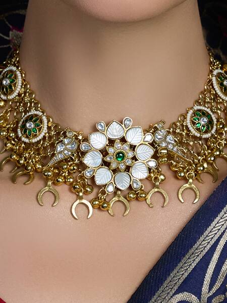 Joules By Radhika Gold Plated Stones, Pearls Antique Floral Choker Necklace Set Online at Aza Fashions Joules By Radhika_Gold Plated Stones, Pearls Antique Floral Choker Necklace Set _Online_at_Aza_Fashions