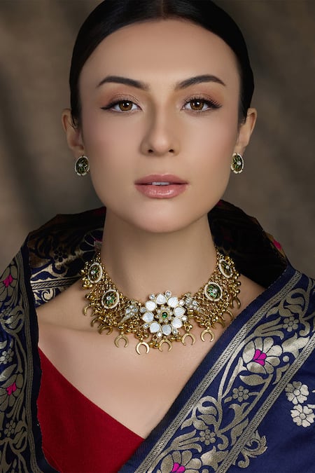 Joules By Radhika Antique Gold Floral Choker Necklace Set