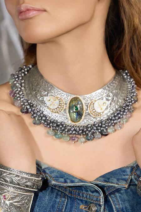 Shop Joules By Radhika Silver Plated Moon Mirror Choker Necklace at Aza Fashions Shop_Joules By Radhika_Silver Plated Moon Mirror Choker Necklace_at_Aza_Fashions