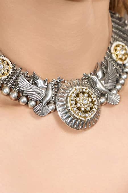 Joules By Radhika_Silver Plated Rustic Grace Choker Necklace _Online_at_Aza_Fashions