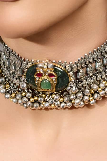 Joules By Radhika_Silver Plated Mehru Antique Choker Necklace_Online_at_Aza_Fashions