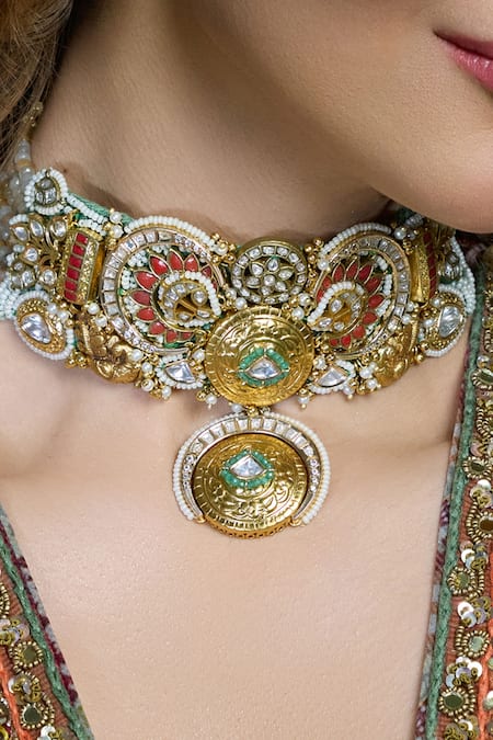 Joules By Radhika_Multi Color Stones, Pearls Antique Celestial Charm Necklace Set _Online_at_Aza_Fashions