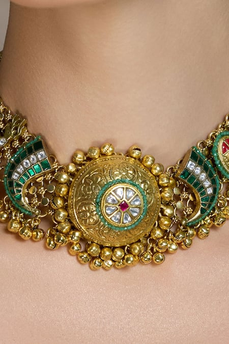 Joules By Radhika_Multi Color Stones, Beads Heer Mahal Kundan Necklace Set _Online_at_Aza_Fashions