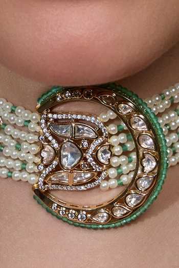 Joules by Radhika_White Pearls, Stones, Beads Divine Dazzle Embellished Bridal Necklace Set _Online_at_Aza_Fashions