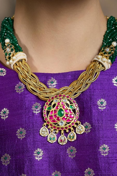 Joules By Radhika_Multi Color Stones, Pearls Radiant Regal Emerald Embellished Necklace Set _Online_at_Aza_Fashions
