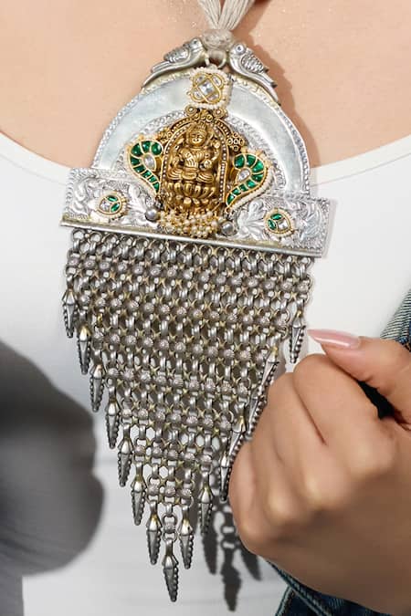 Joules By Radhika Silver Plated Bohemian Beaded Chain Tassel Necklace Online at Aza Fashions Joules By Radhika_Silver Plated Bohemian Beaded Chain Tassel Necklace _Online_at_Aza_Fashions