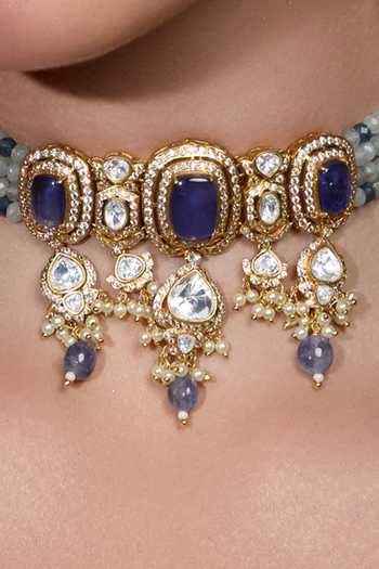 Joules by Radhika Blue Stones, Pearls, Beads Majestic Sapphire Glow Embellished Necklace Set Online at Aza Fashions Joules by Radhika_Blue Stones, Pearls, Beads Majestic Sapphire Glow Embellished Necklace Set _Online_at_Aza_Fashions