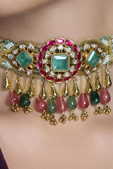 Joules By Radhika_Multi Color Gemstones, Beads, Royal Petal Cascade Embellished Choker Set _Online_at_Aza_Fashions