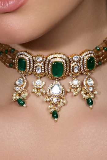 Joules by Radhika Gold Plated Stones, Pearls, Beads Imperial Green Radiance Embellished Choker Set Online at Aza Fashions Joules by Radhika_Gold Plated Stones, Pearls, Beads Imperial Green Radiance Embellished Choker Set _Online_at_Aza_Fashions