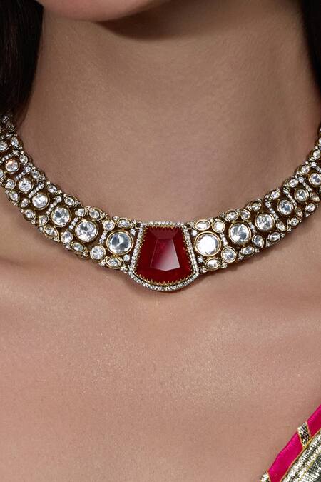 Joules By Radhika_Gold Plated Stones Laal E Noor Embellished Bridal Necklace Set_Online_at_Aza_Fashions