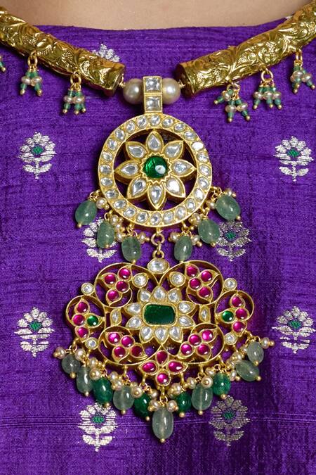 Joules By Radhika_Gold Plated Stones, Pearls Regal Saaz Heritage Embellished Pendant Necklace Set_Online_at_Aza_Fashions