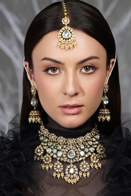 Joules By Radhika Gold Plated Stones, Pearls Sitara Siyahi Polki Embellished Bridal Necklace Set 