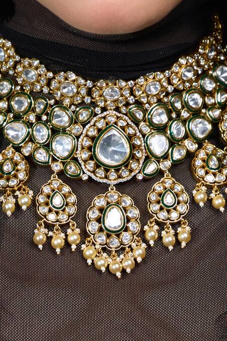 Joules By Radhika_Gold Plated Stones, Pearls Sitara Siyahi Polki Embellished Bridal Necklace Set_Online_at_Aza_Fashions