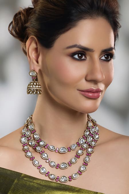 Joules By Radhika Red Stones Rajvanshi Layered Kundan Embellished Necklace Set 