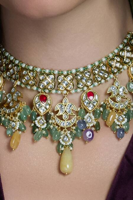 Joules By Radhika_Multi Color Stones, Pearls Divya Mandira Embellished Necklace Set_Online_at_Aza_Fashions