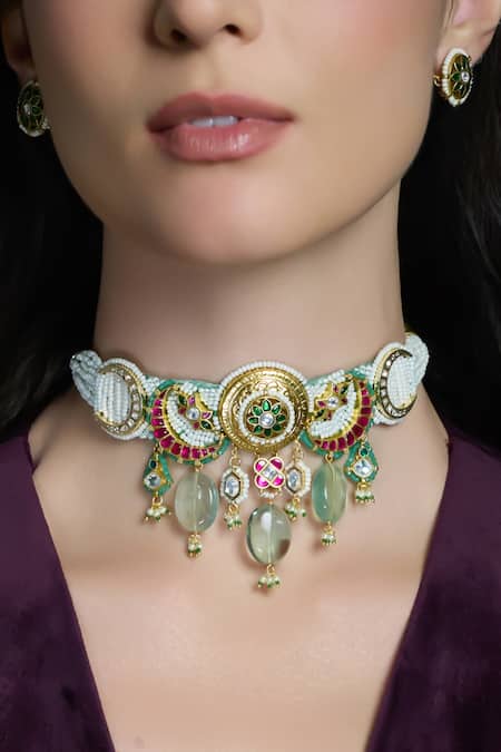 Shop Joules By Radhika Multi Color Pearls, Stones Sankalp Green Kundan Choker Set at Aza Fashions Shop_Joules By Radhika_Multi Color Pearls, Stones Sankalp Green Kundan Choker Set_at_Aza_Fashions