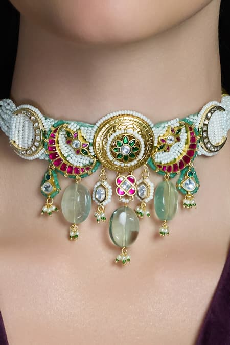 Joules By Radhika Multi Color Pearls, Stones Sankalp Green Kundan Choker Set Online at Aza Fashions Joules By Radhika_Multi Color Pearls, Stones Sankalp Green Kundan Choker Set_Online_at_Aza_Fashions
