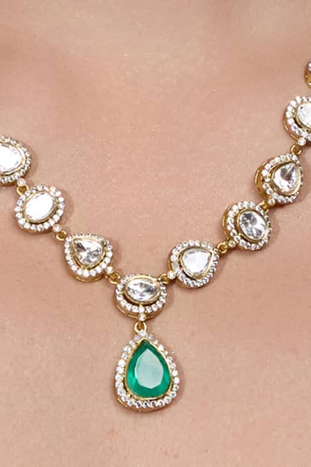 Joules By Radhika_Gold Plated Stones, Crystals Noor Panna Drop Embellished Necklace Set_Online_at_Aza_Fashions