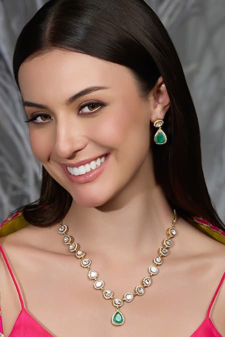 Joules By Radhika Gold Plated Stones, Crystals Noor Panna Drop Embellished Necklace Set 