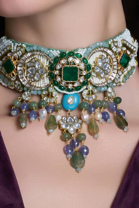 Joules By Radhika Multi Color Stones, Pearls, Beads Saanvi Kundan Embellished Choker Set Online at Aza Fashions Joules By Radhika_Multi Color Stones, Pearls, Beads Saanvi Kundan Embellished Choker Set _Online_at_Aza_Fashions