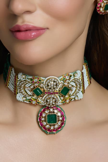 Shop Joules By Radhika Multi Color Stones, Pearls Rajsi Ruby And Green Embellished Choker Set at Aza Fashions Shop_Joules By Radhika_Multi Color Stones, Pearls Rajsi Ruby And Green Embellished Choker Set _at_Aza_Fashions