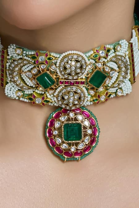Joules By Radhika Multi Color Stones, Pearls Rajsi Ruby And Green Embellished Choker Set Online at Aza Fashions Joules By Radhika_Multi Color Stones, Pearls Rajsi Ruby And Green Embellished Choker Set _Online_at_Aza_Fashions