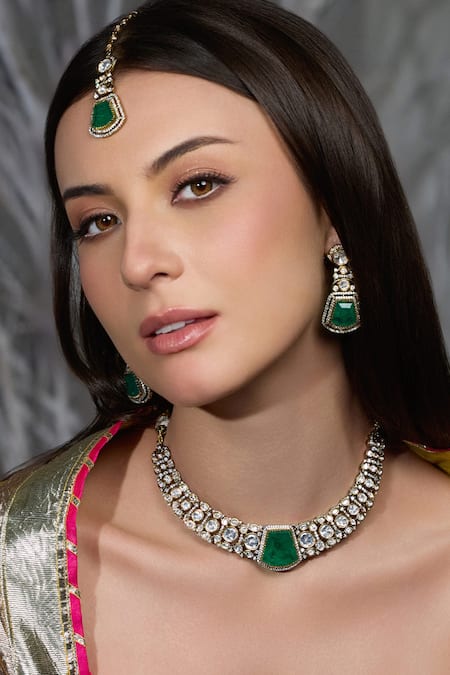 Joules By Radhika Green Stones, Crystals Noor E Panna Embellished Necklace Set 