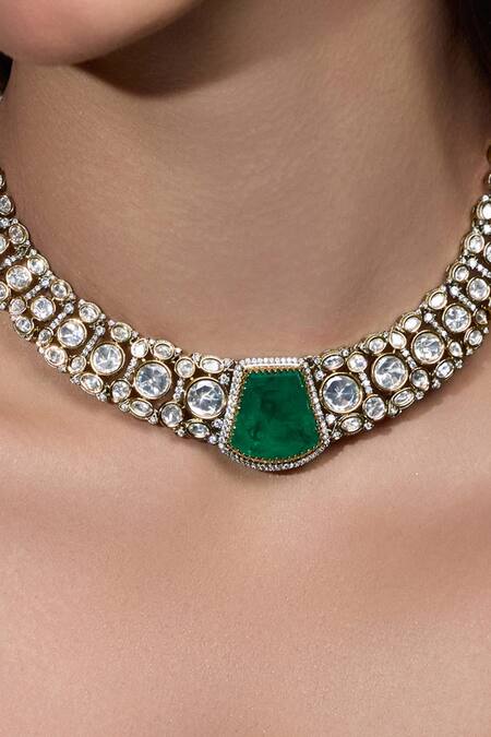 Joules By Radhika_Green Stones, Crystals Noor E Panna Embellished Necklace Set_Online_at_Aza_Fashions