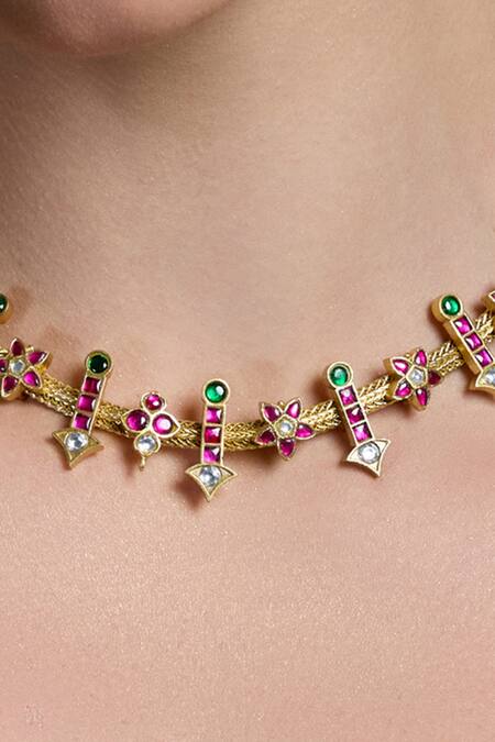 Joules By Radhika_Multi Color Stones Kanaka Blossom Embellished Necklace Set_Online_at_Aza_Fashions