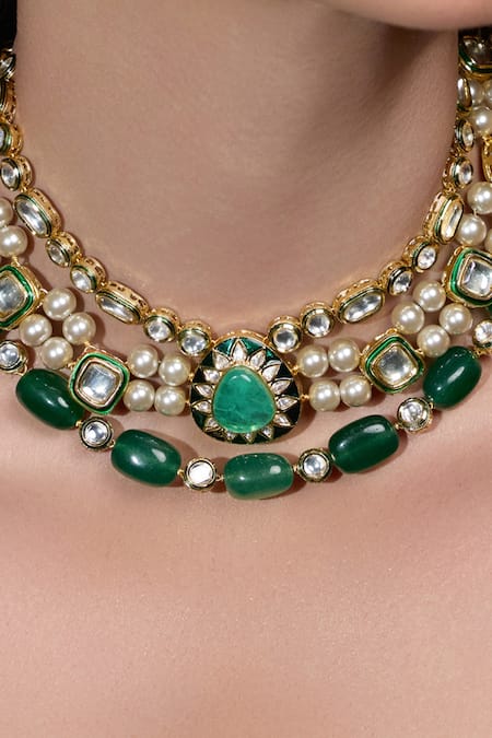 Joules By Radhika_Green Stones, Pearls Noor Emerald Royalty Embellished Necklace Set _Online_at_Aza_Fashions