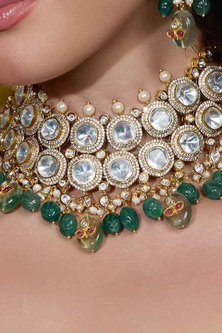 Joules By Radhika_Gold Plated Pearls, Stones Zahra Mirror Drop Embellished Necklace Set_Online_at_Aza_Fashions