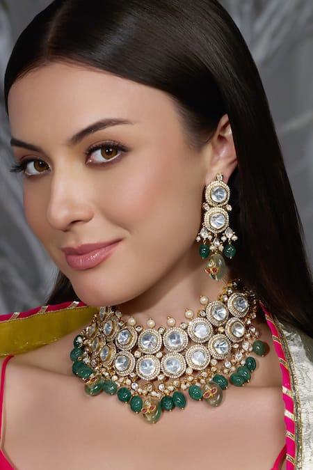 Joules By Radhika Gold Plated Pearls, Stones Zahra Mirror Drop Embellished Necklace Set 