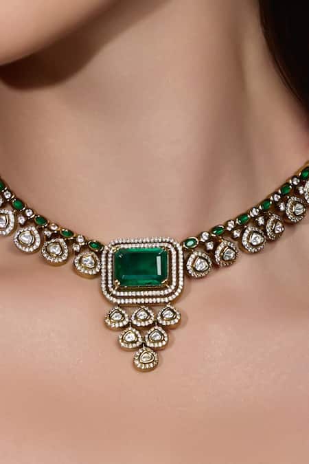 Joules By Radhika_Gold Plated Stones, Faux Diamonds Aarohi Emerald Grace Necklace Set_Online_at_Aza_Fashions
