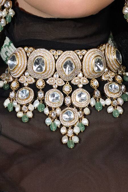 Joules By Radhika_Gold Plated Crystals, Pearls, Stones Ira Dewdrop Embellished Necklace Set _Online_at_Aza_Fashions