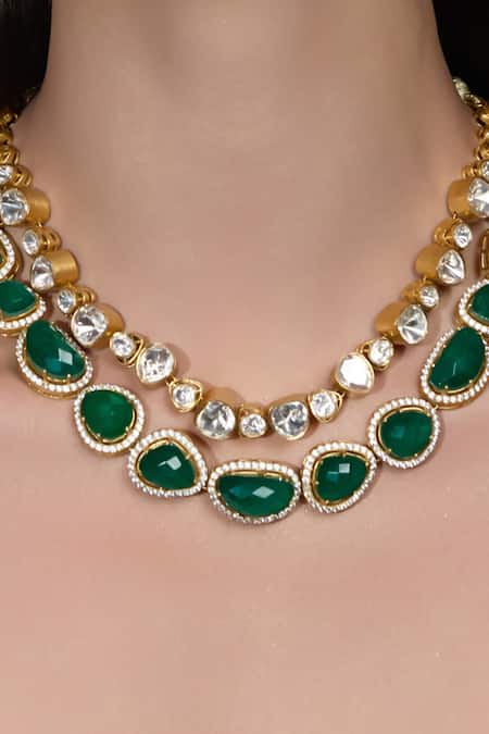Joules By Radhika_Green Stones, Crystals Emerald Grace Embellished Necklace Set_Online_at_Aza_Fashions
