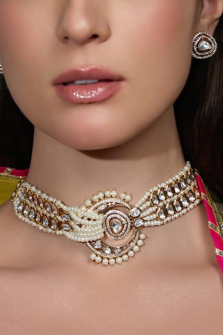 Shop_Joules By Radhika_Gold Plated Pearls, Stones Grace Embellished Bridal Necklace Set _at_Aza_Fashions