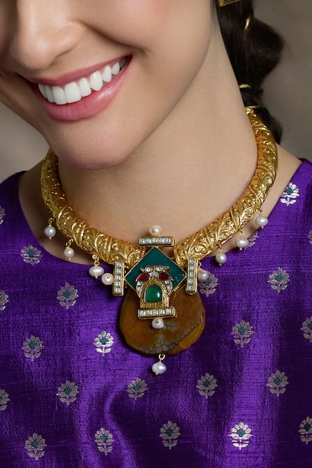 Joules By Radhika Antique Temple Embellished Pendant Necklace Set 