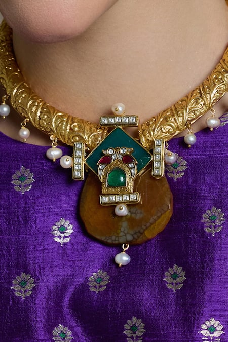 Joules By Radhika_Multi Color Pearls, Stones, Antique Temple Embellished Pendant Necklace Set _Online_at_Aza_Fashions