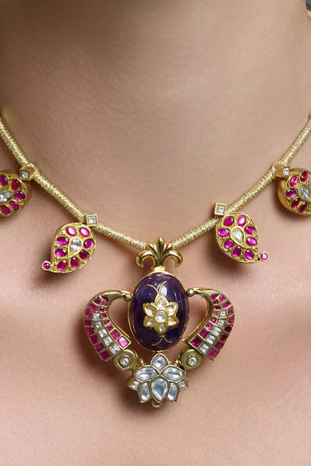 Joules By Radhika_Multi Color Kundan Temple Pendant Necklace _Online_at_Aza_Fashions