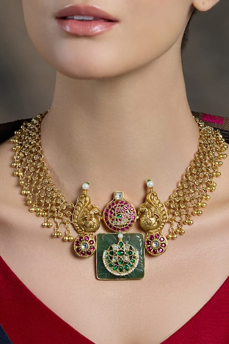 Shop Joules By Radhika Multi Color Temple Coin Peacock Necklace at Aza Fashions Shop_Joules By Radhika_Multi Color Temple Coin Peacock Necklace _at_Aza_Fashions