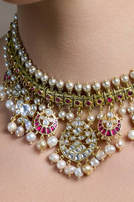 Joules By Radhika_Gold Plated Pearls, Stones Royal Kundan Embellished Necklace Set _Online_at_Aza_Fashions