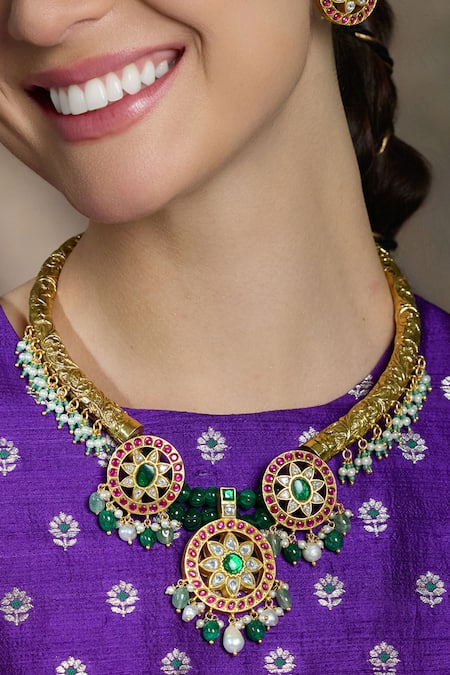 Joules By Radhika Kundan Floral Embellished Choker Necklace Set 