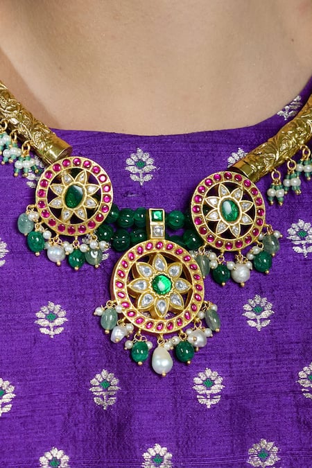 Joules By Radhika_Multi Color Stones, Pearls, Beads Kundan Floral Embellished Choker Necklace Set _Online_at_Aza_Fashions