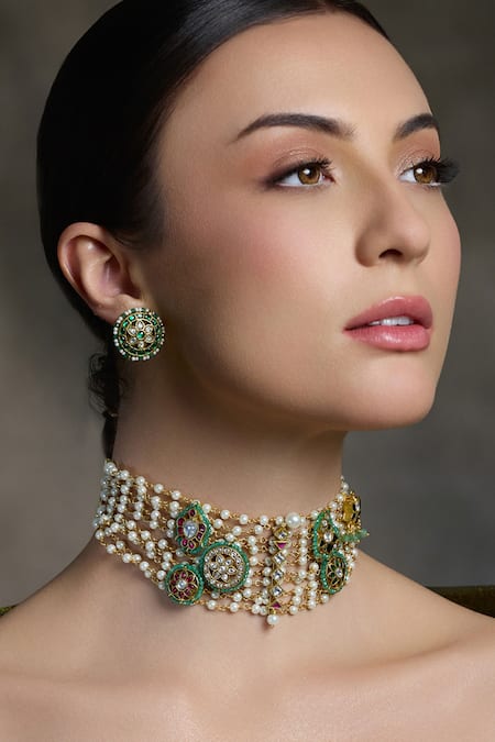 Joules By Radhika Multi Color Pearls, Stones, Crystals Regal Embellished Necklace Set 
